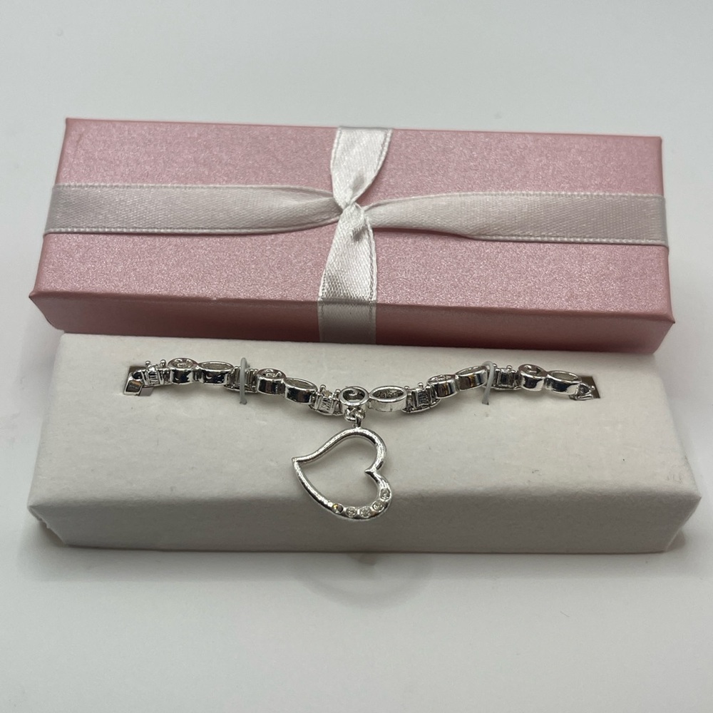 Avon Silvertone Heart Charm Tennis Bracelet with Gift box